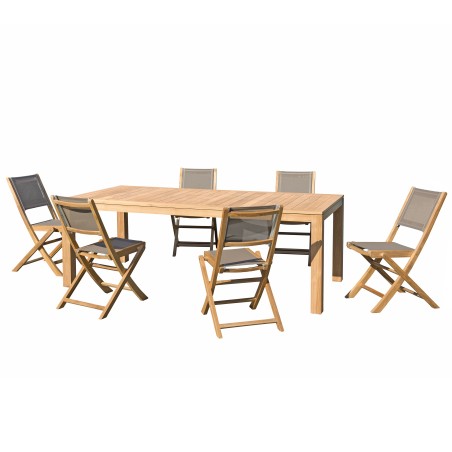 Teak Wood Garden Furniture Set - KIM - 6/8 People - 1 Table 220*100 cm & 6 Textilene Chairs
