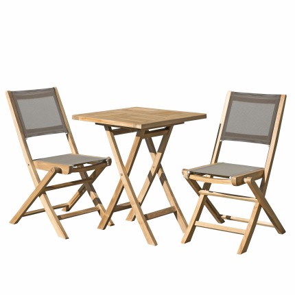 Salon de jardin en bois teck 2 pers - Table carrée pliante 60 cm et 2 chaises taupe