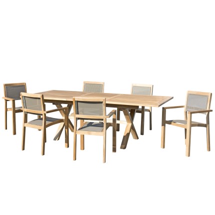 Salon de jardin bois teck 8/10 pers - Table rect. extensible - 6 fauteuils textilène taupe