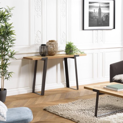 CARLA - Wooden Chevron Console with Black Metal Legs