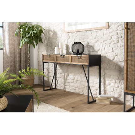DORIA Black Metal Console Table with 3 Drawers and Natural Cane Finish