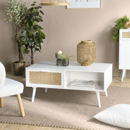 Table basse blanche SMANDY - 2 tiroirs 1 niche