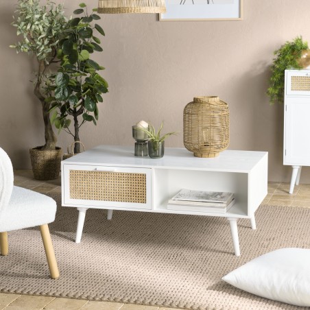 Table basse blanche SMANDY - 2 tiroirs 1 niche
