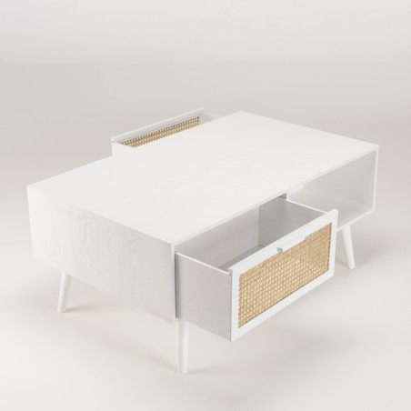 Table basse blanche SMANDY - 2 tiroirs 1 niche