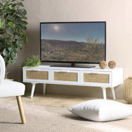 Meuble TV SMANDY blanc 3 tiroirs cannage naturel