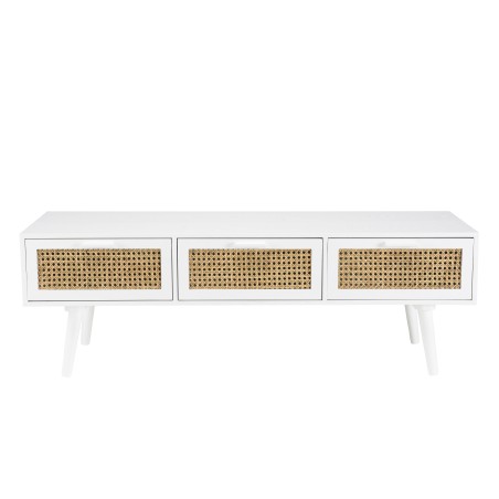 Meuble TV SMANDY blanc 3 tiroirs cannage naturel