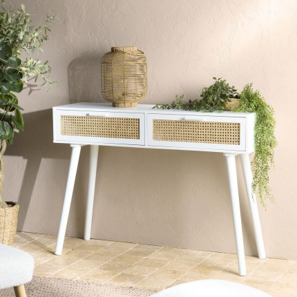 Console blanche 2 tiroirs cannage naturel - SMANDY