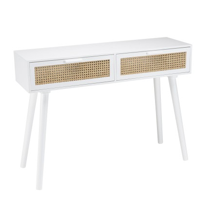 SMANDY - White Console Table with 2 Drawers and Natural Cane Detailing