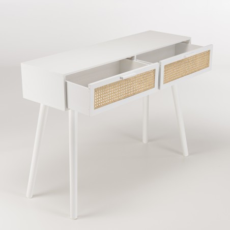 SMANDY - White Console Table with 2 Drawers and Natural Cane Detailing