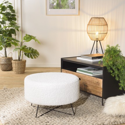 AGATHE Round Pouffe in White Bouclé Fabric with Black Metal Legs