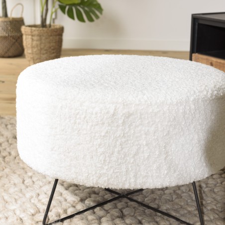 Pouf rond AGATHE en tissu bouclette blanc