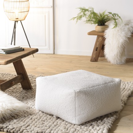 AGATHE Square Pouffe 53x53cm - White Bouclé Fabric
