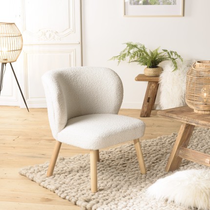 AGATHE Armchair - White Bouclé Fabric with Wooden Legs