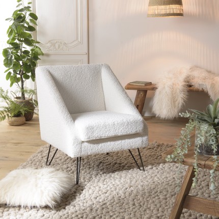 AGATHE Armchair - White Bouclé Fabric, Black Metal Legs