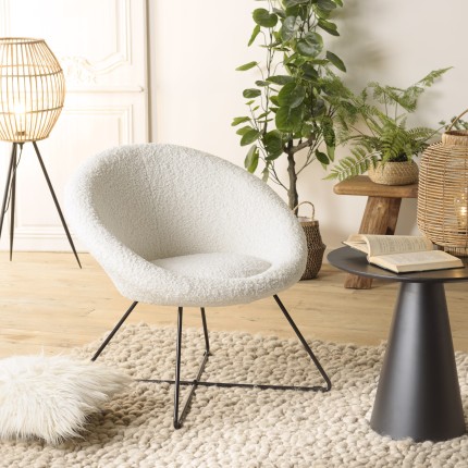 Fauteuil AGATHE - Tissu bouclette blanc - Pieds croisés métal noir