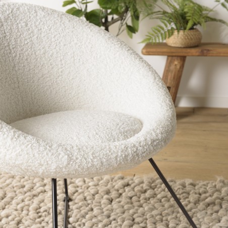 AGATHE Armchair - White Bouclé Fabric with Black Metal Cross Legs
