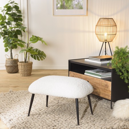 Agathe - Cozy Stool in White Bouclé Fabric with Black Metal Legs