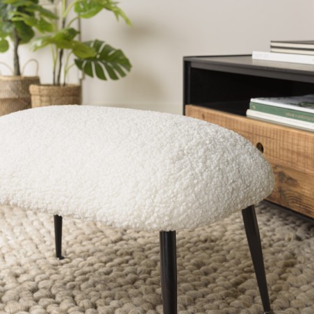 Agathe - Cozy Stool in White Bouclé Fabric with Black Metal Legs