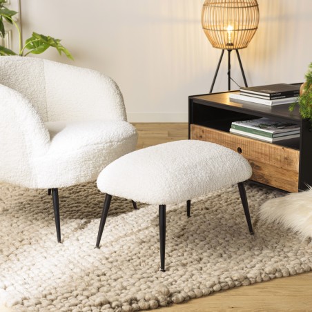 Agathe - Cozy Stool in White Bouclé Fabric with Black Metal Legs