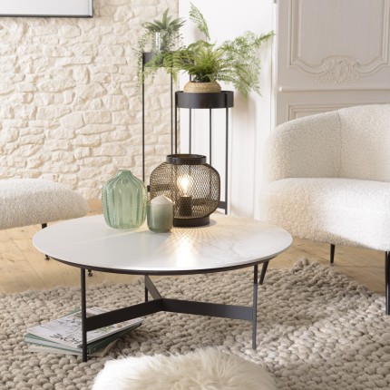 DALY Round Coffee Table 78x78cm - Marble-Effect Top & Metal Base