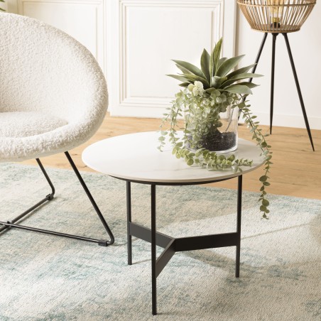 DALY Round Coffee Table 50x50cm - Marble-Effect Top & Metal Base