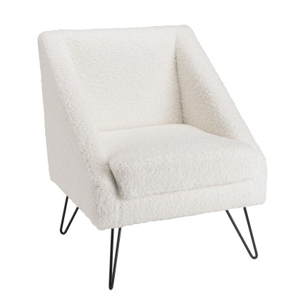 Fauteuil AGATHE - Tissu bouclette blanc et pieds épingles métal noir