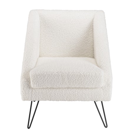 Fauteuil AGATHE - Tissu bouclette blanc et pieds épingles métal noir