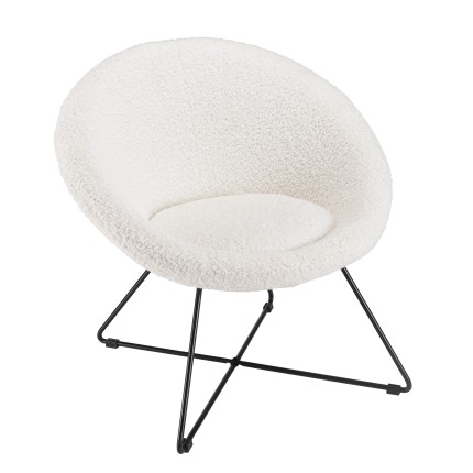Fauteuil AGATHE - Tissu bouclette blanc - Pieds croisés métal noir