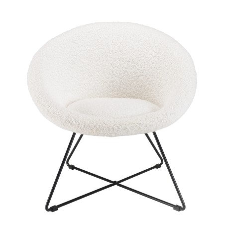 AGATHE Armchair - White Bouclé Fabric with Black Metal Cross Legs