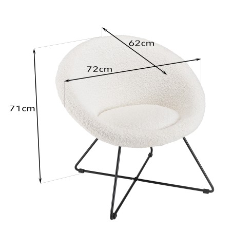 Fauteuil AGATHE - Tissu bouclette blanc - Pieds croisés métal noir