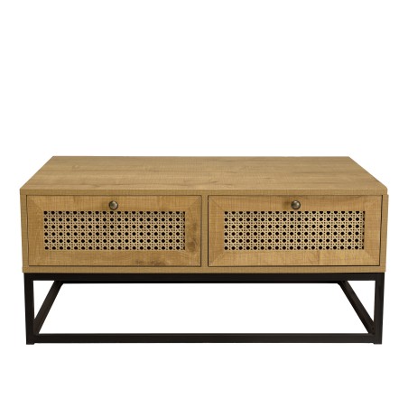 CHARLIE Brown Coffee Table with 4 Drawers - Cane Effect & Black Metal Legs