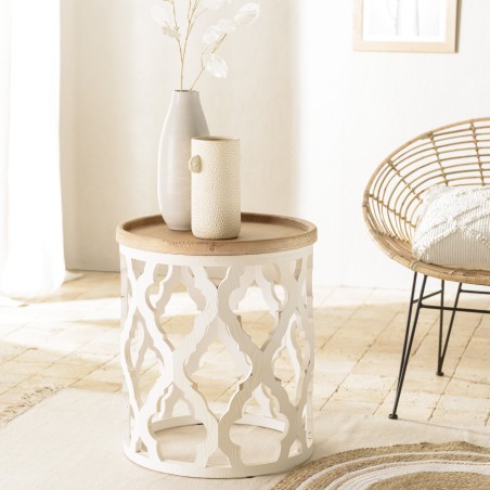 VICTOIRE Round Side Table 50x50cm - Natural Top, Aged White Base
