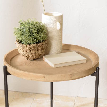 VICTOIRE - Round Side Table 53x53cm Natural Top Black Metal Legs
