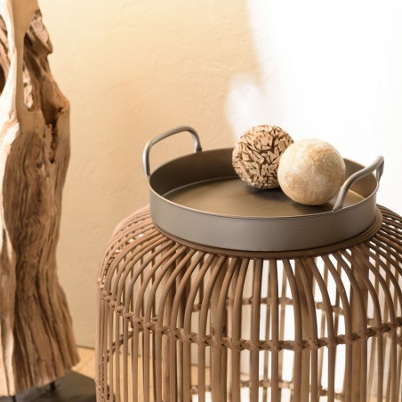 Table d’appoint VICTOIRE 51x51cm - Métal noir et rotin marron