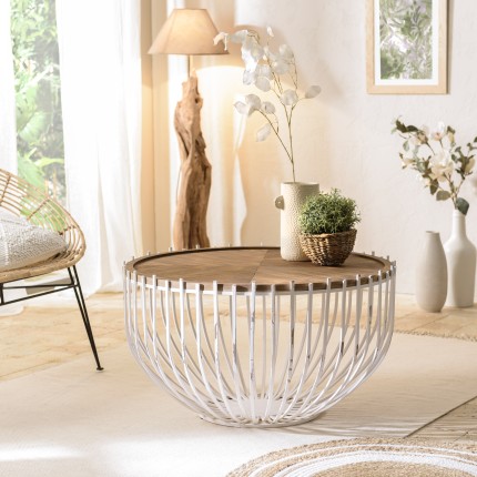 Table basse VICTOIRE ronde 83x83cm - Métal blanc vieilli et plateau naturel