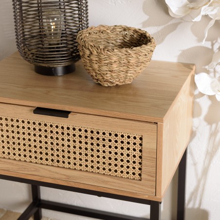 MARCEAU Bedside Table with 1 Drawer - Natural Cane and Black Metal Legs