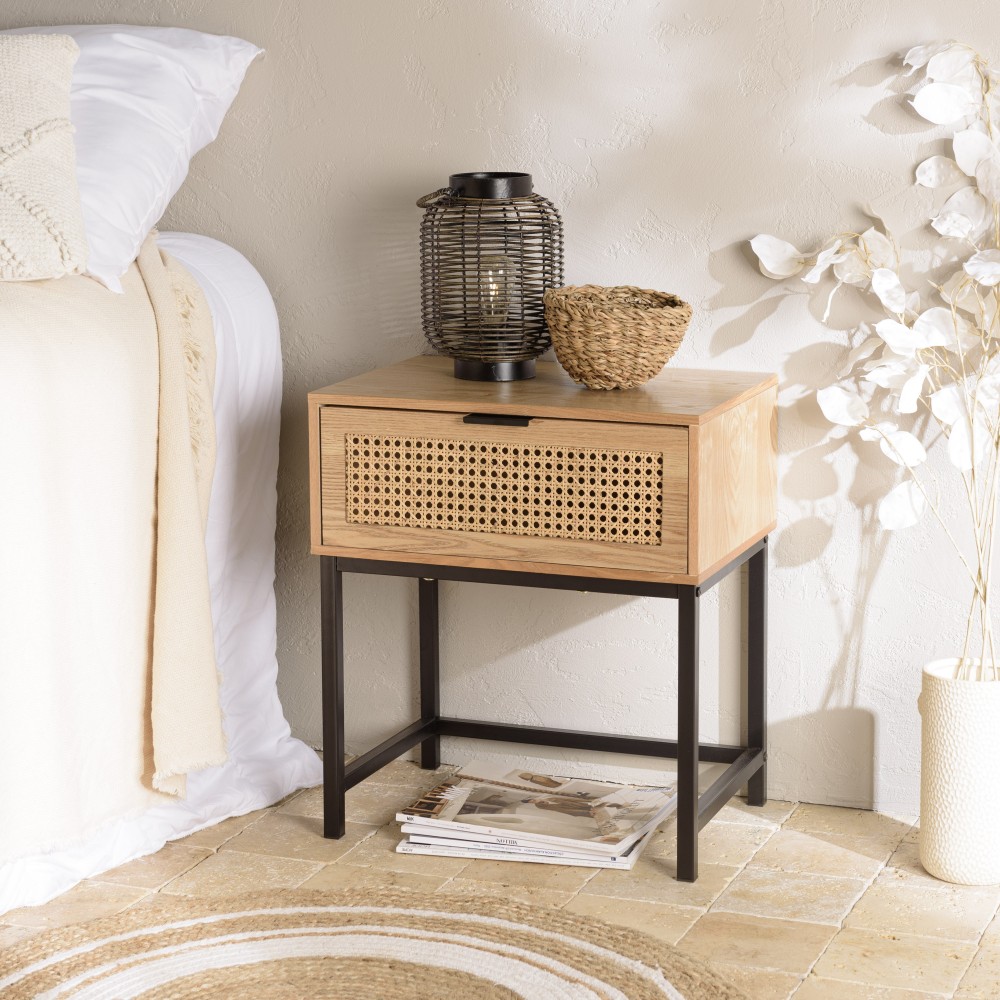 MARCEAU Bedside Table with 1 Drawer - Natural Cane and Black Metal Legs MARCEAU Bedside Table with 1 Drawer - Natural Cane and Black Metal Legs