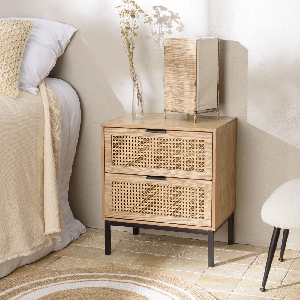 MARCEAU Bedside Table with 2 Drawers | Natural Cane & Black Metal MARCEAU Bedside Table with 2 Drawers | Natural Cane & Black Metal