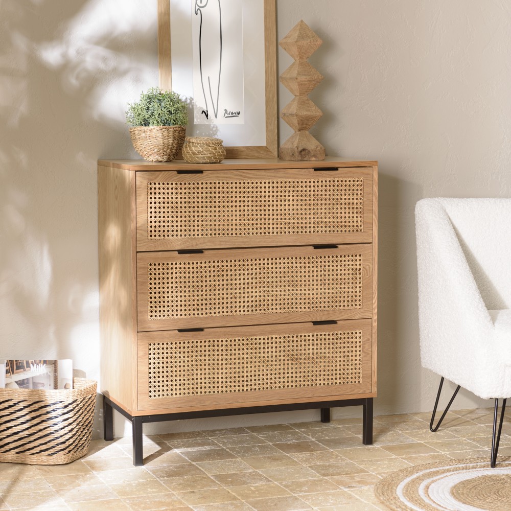 MARCEAU - Natural Cane Chest of Drawers with 3 Drawers MARCEAU - Natural Cane Chest of Drawers with 3 Drawers