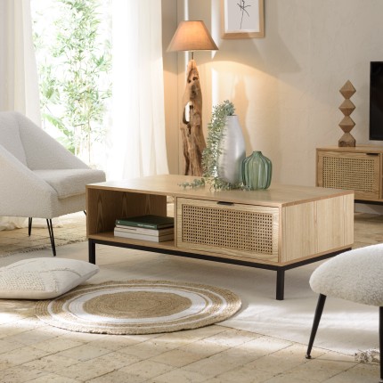 Table basse MARCEAU - 2 tiroirs cannage naturel