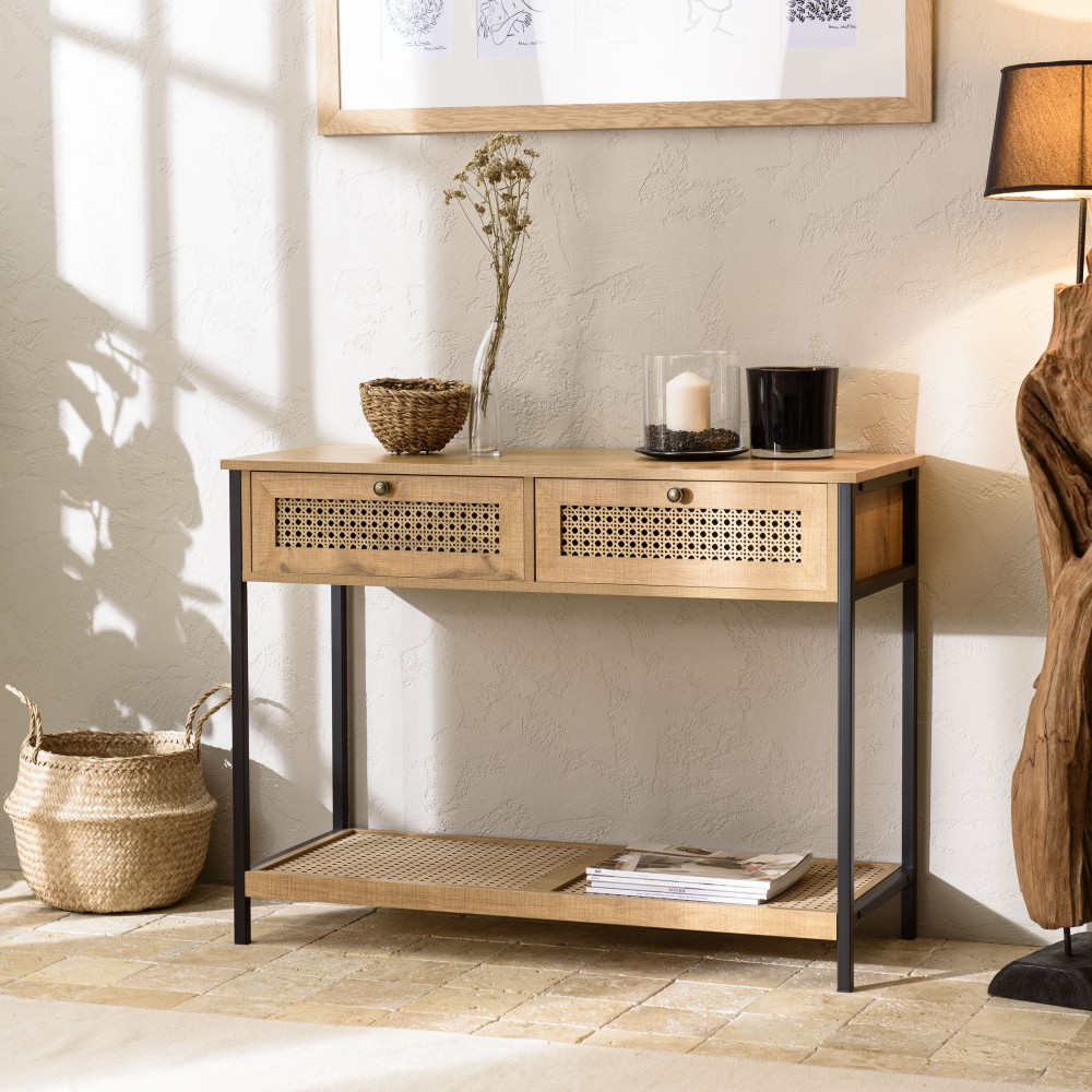 Console CHARLIE marron 2 tiroirs effet cannage Console CHARLIE marron 2 tiroirs effet cannage