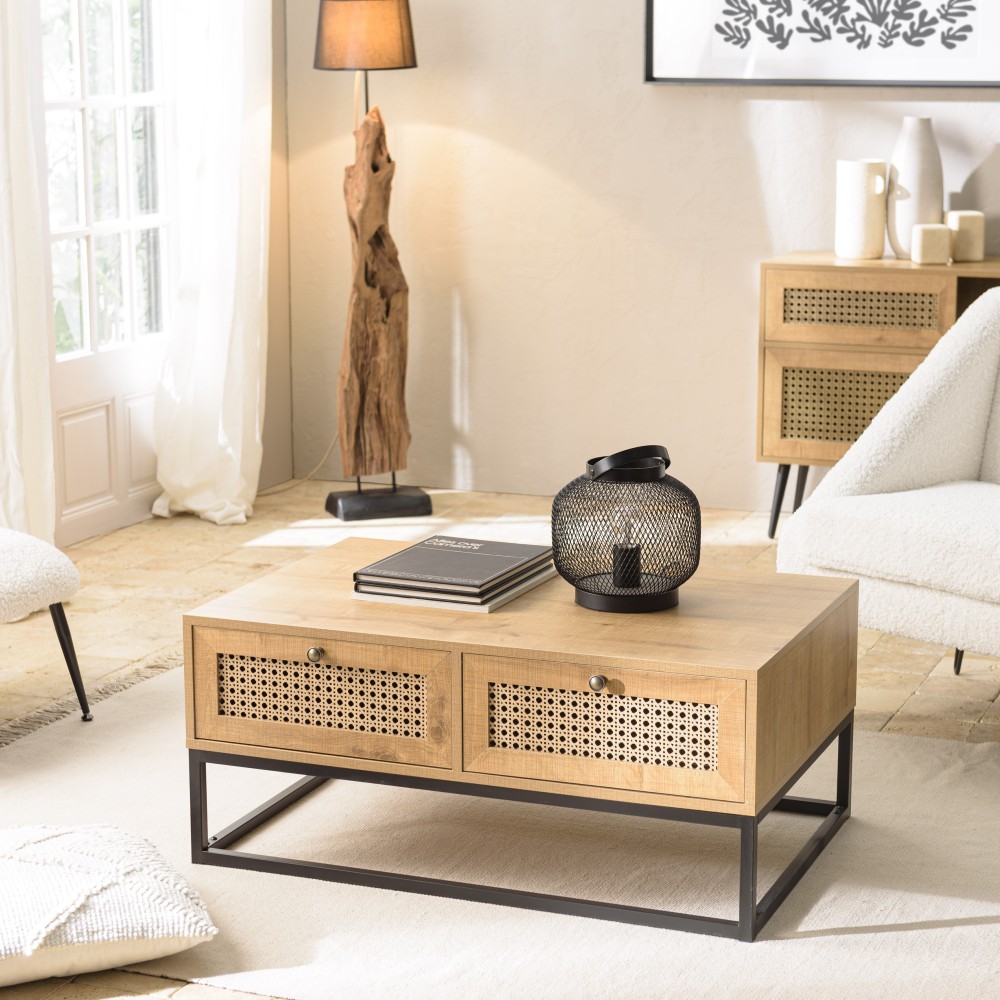Table basse CHARLIE marron 4 tiroirs effet cannage Table basse CHARLIE marron 4 tiroirs effet cannage