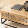 CHARLIE Brown Coffee Table with 4 Drawers - Cane Effect & Black Metal Legs
