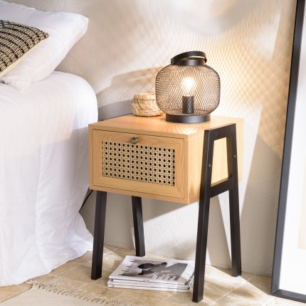 CHARLIE Brown Bedside Table with 1 Drawer - Cane Effect & Metal Legs