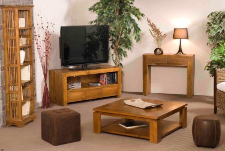 API - Brown Square Coffee Table with Shelf, 90x90cm, Teak