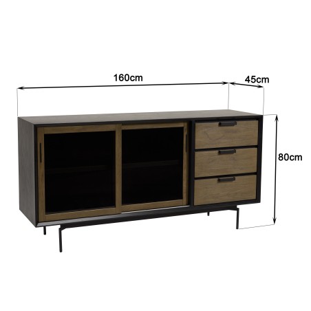Buffet ALMA marron/noir 2 portes coulissantes en verre fumé