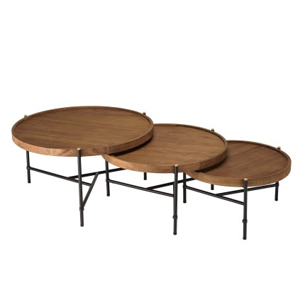 SIXTINE Set of 3 Round Tripod Coffee Tables - Recycled Teak & Steel