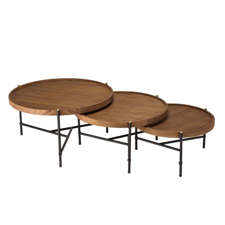 SIXTINE Set of 3 Round Tripod Coffee Tables - Recycled Teak & Steel