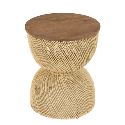 SIXTINE Beige Rattan Side Table - Recycled Teak Wood Top