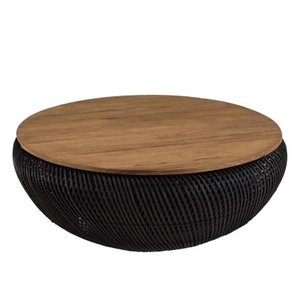 Table basse ronde SIXTINE en rotin noir 100x100cm